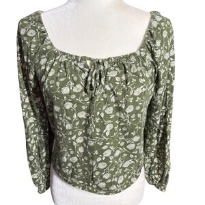 Ana A New Approach Green Floral Square Neck Tie Front Long Sleeve Cropped Top XS